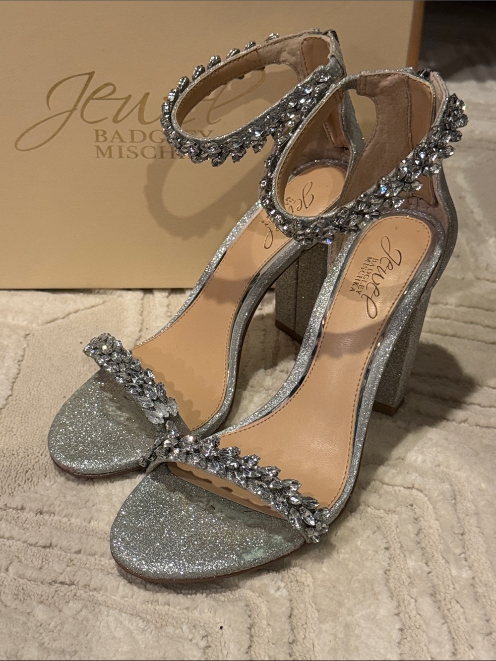 Badgley Mischka Silver Glitter Crystal Ankle-Strap Block Heels